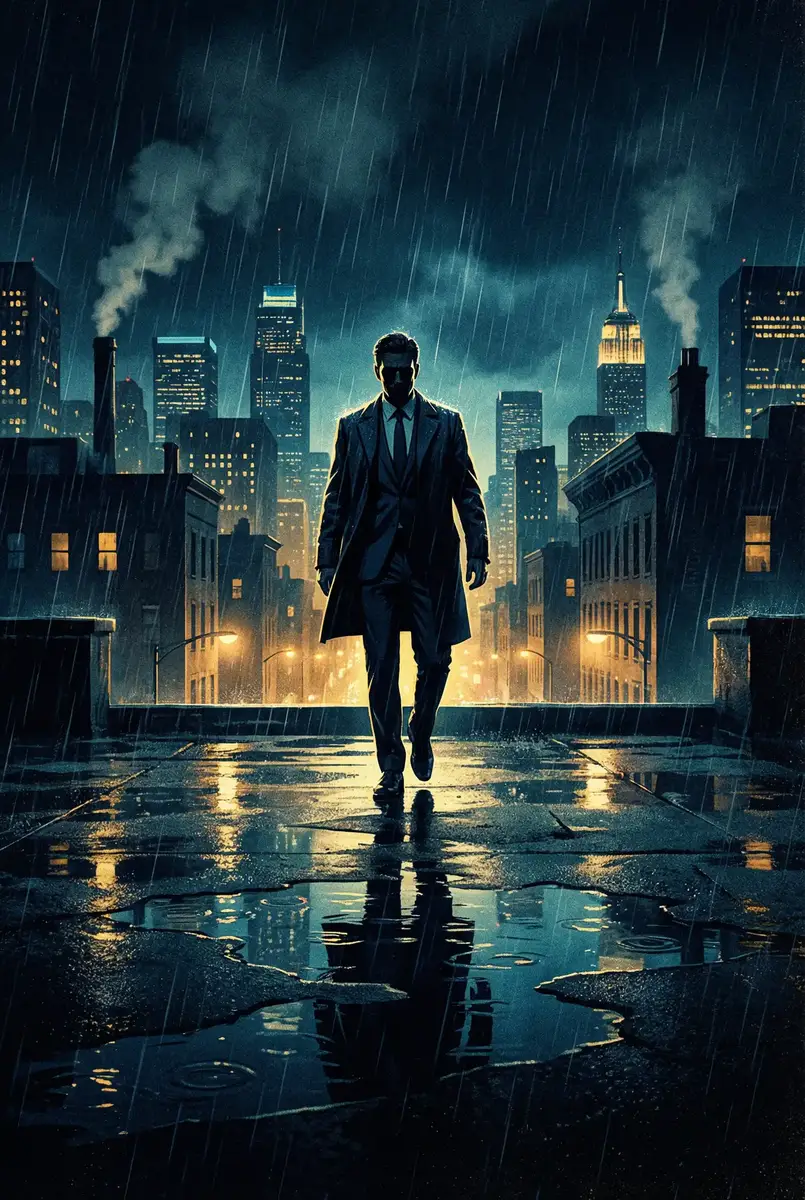 自由落体1v1曲亿行 出品影片《雨夜独行者》海报，雨中城市屋顶男性剪影